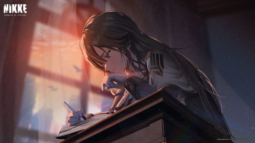 1girl, absurdres, artist_request, ascot, bird, blurry, blurry_background, book, brown_eyes, brown_hair, closed_mouth, curtains, desk, dusk, ear_piercing, earrings, epaulettes, from_below, gloves, goddess_of_victory:_nikke, hair_between_eyes, highres, holding, holding_pen, jewelry, long_hair, looking_down, marciana_(nikke), military_jacket, pen, piercing, school_desk, solo, white_ascot, white_gloves, window, writing