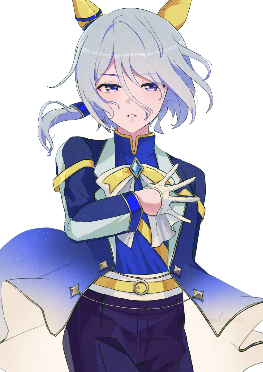 1girl, absurdres, animal_ears, belt, blue_hair, blue_jacket, blue_shirt, commentary_request