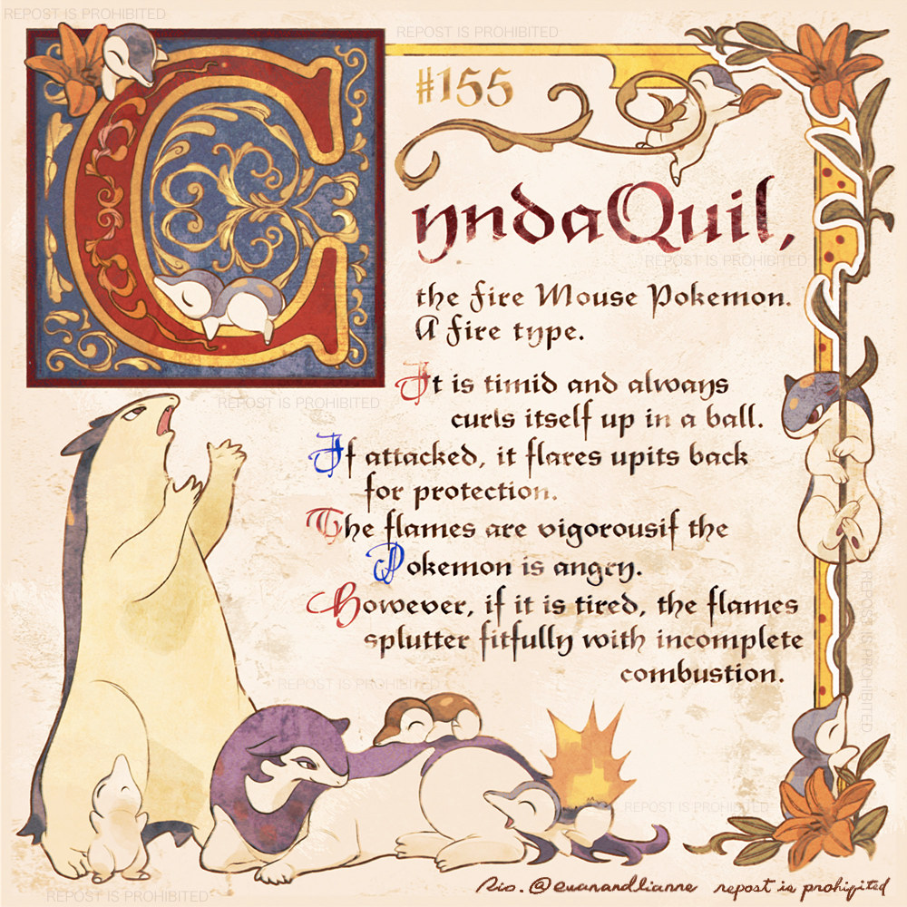 alternate_color, animal_focus, artist_name, climbing, closed_eyes, closed_mouth, colored_text, cursive, cyndaquil, english_text, evolutionary_line, fangs, fire, flower, full_body, hisuian_typhlosion, holding, holding_petal, manuscript_paper, no_humans, open_mouth, petals, plant, pokemon, pokemon_(creature), quilava, reaching, red_eyes, rio_(ewanandlianne), signature, sleeping, smile, standing, twitter_username, typhlosion, vines