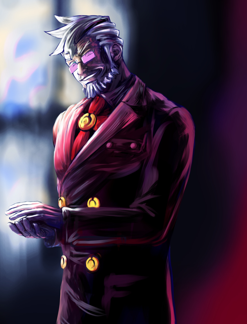 1boy, ace_attorney, beard, blurry, blurry_background, clapping, damon_gant, facial_hair