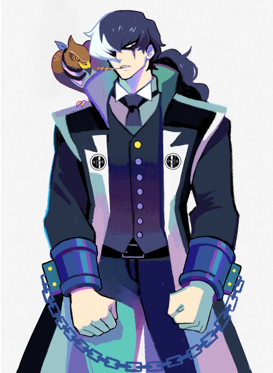 1boy, ace_attorney, animal_on_shoulder, belt, bird, bird_on_shoulder, black_belt, black_coat
