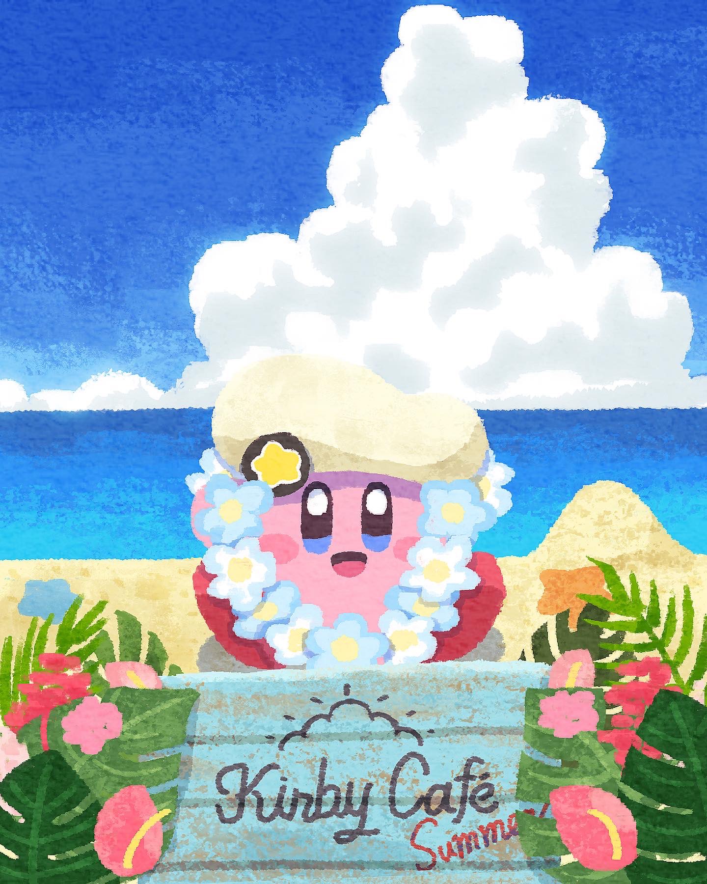 alternate_costume, beach, blue_eyes, blue_flower, blue_sky, blush_stickers, clouds, colored_skin