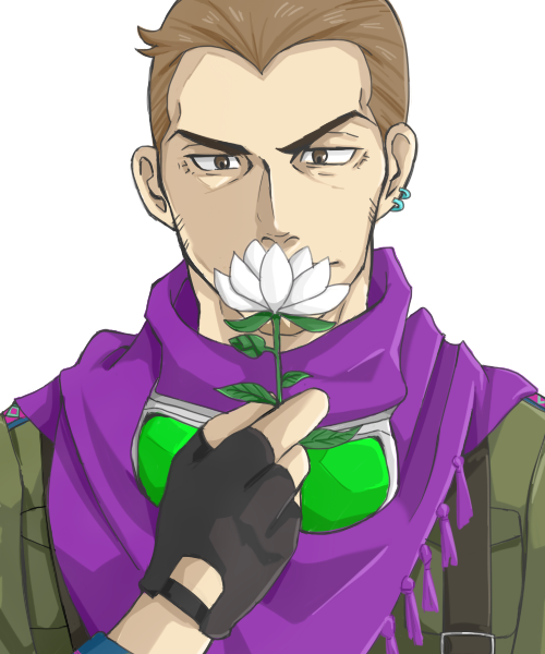 1boy, ace_attorney, amapoti_(amainu), black_gloves, brown_eyes, brown_hair, datz_are'bal, earrings, facial_hair, fingerless_gloves, flower, gloves, goggles, goggles_around_neck, holding, holding_flower, jewelry, male_focus, phoenix_wright:_ace_attorney_-_spirit_of_justice, purple_scarf, scarf, short_hair, solo, stubble, suspenders, upper_body, white_background