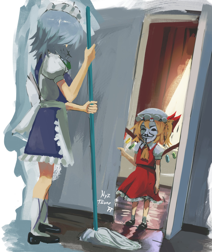 2girls, absurdres, anonymous_(4chan), apron, artist_name, ascot, back_bow, black_footwear, blonde_hair, blue_skirt, blue_vest, bow, collared_shirt, curtains, flandre_scarlet, frilled_apron, frilled_skirt, frills, from_side, full_body, grey_hair, hat, hat_ribbon, highres, holding, holding_mop, indoors, izayoi_sakuya, large_bow, looking_at_another, maid, maid_headdress, mary_janes, mask, medium_hair, mob_cap, mop, multicolored_wings, multiple_girls, nyztsune, one_side_up, open_door, puffy_short_sleeves, puffy_sleeves, red_curtains, red_ribbon, red_skirt, red_vest, ribbon, shirt, shoes, short_sleeves, skirt, skirt_set, socks, standing, touhou, vest, waist_apron, white_apron, white_bow, white_headwear, white_shirt, white_socks, wings, wooden_floor, yellow_ascot