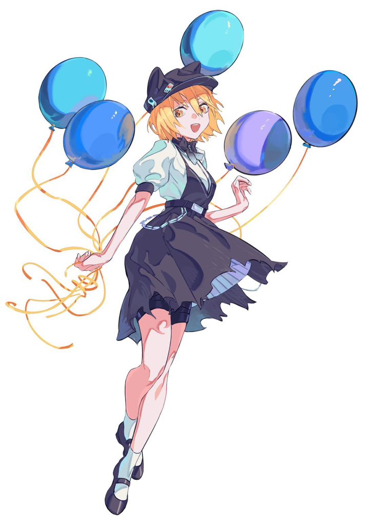 1girl, balloon, belt, black_belt, black_dress, black_footwear, black_headwear, blonde_hair