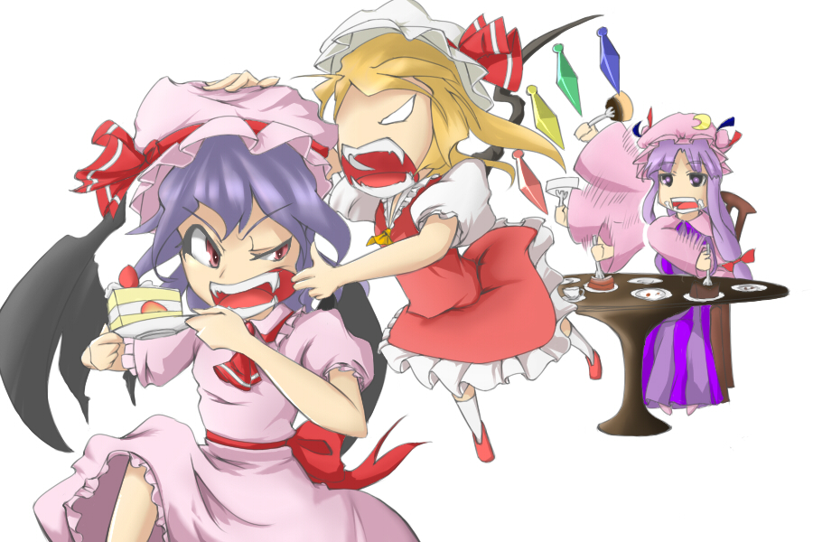 3girls, ascot, back_bow, bat_wings, bow, cake, collared_shirt, crescent, crescent_hat_ornament, crystal, dress, fangs, flandre_scarlet, food, fork, frilled_shirt_collar, frilled_skirt, frilled_sleeves, frills, fruit, full_body, hat, hat_ornament, hat_ribbon, holding, holding_fork, holding_plate, lip_pull, long_hair, long_sleeves, mob_cap, multicolored_wings, multiple_girls, open_mouth, patchouli_knowledge, pink_dress, pink_headwear, pink_shirt, pink_skirt, plate, pudding, puffy_short_sleeves, puffy_sleeves, purple_dress, purple_hair, red_bow, red_footwear, red_ribbon, red_skirt, red_vest, remilia_scarlet, ribbon, santa_(kaisou_hikuutei), shirt, short_sleeves, siblings, simple_background, sisters, skirt, socks, strawberry, strawberry_cake, striped, striped_dress, table, teeth, touhou, v-shaped_eyebrows, vertical-striped_dress, vertical_stripes, very_long_hair, vest, white_background, white_headwear, white_shirt, white_socks, wings, wooden_chair, wooden_table, yellow_ascot