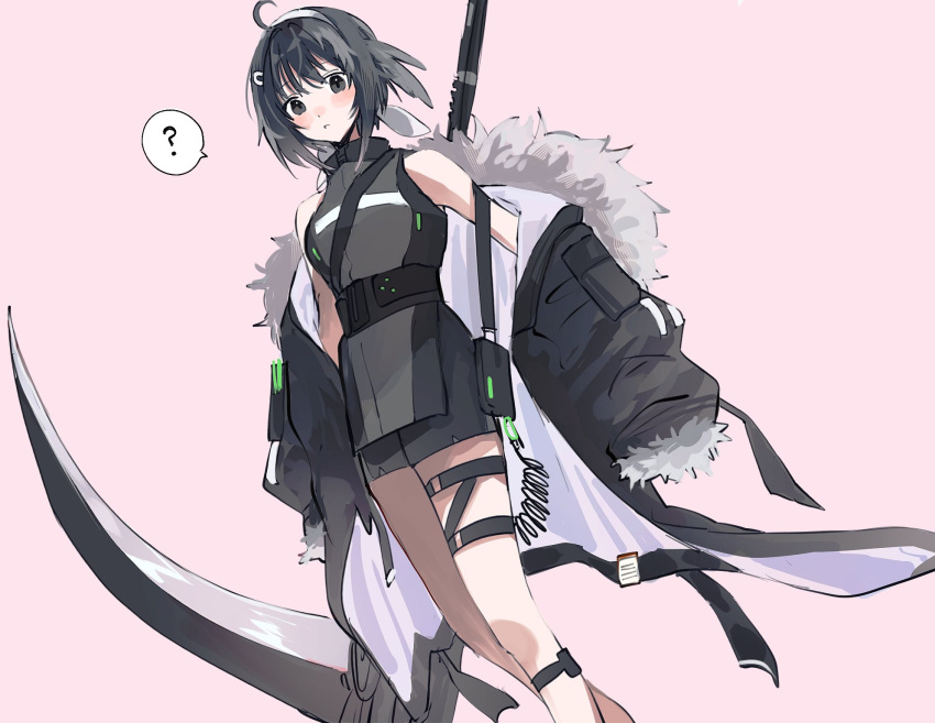 1girl, ?, ahoge, arknights, black_dress, black_eyes, black_hair, black_jacket