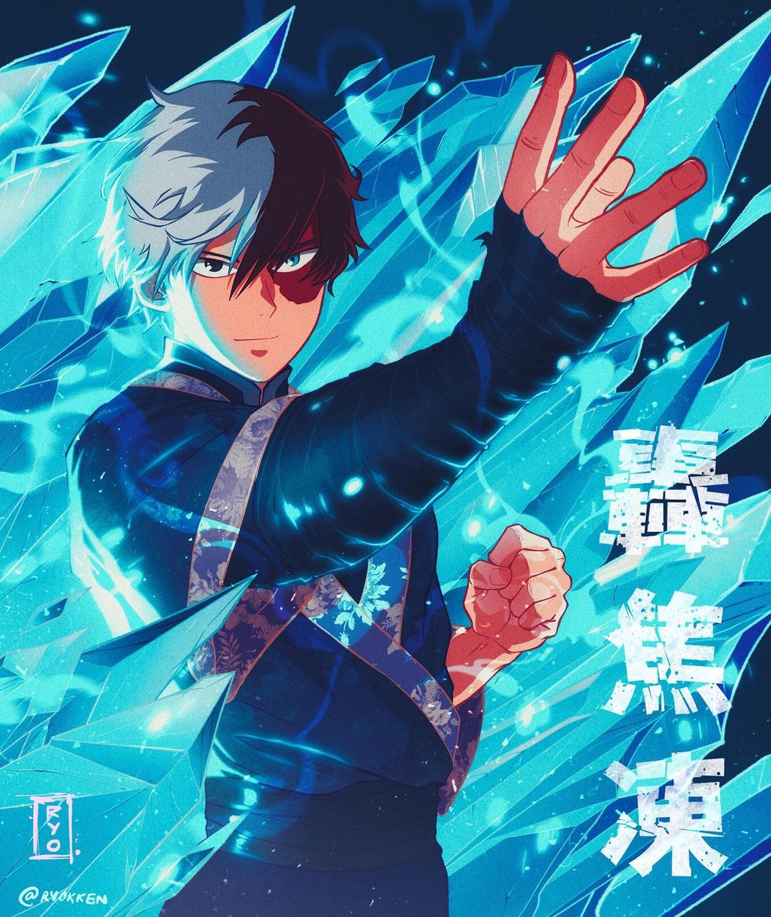 arm_wrap, artist_logo, artist_name, boku_no_hero_academia, clenched_hand, cold, costume, heterochromia, highres, ice, japanese_clothes, kanji_focus, kimono, ryokken_(artist), superhero, todoroki_shouto