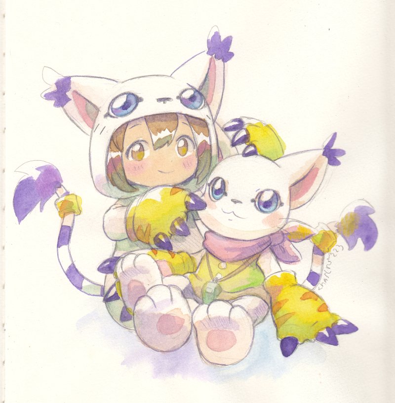 blue_eyes, blush_stickers, brown_hair, cat, chibicheu, child, cosplay, digimon