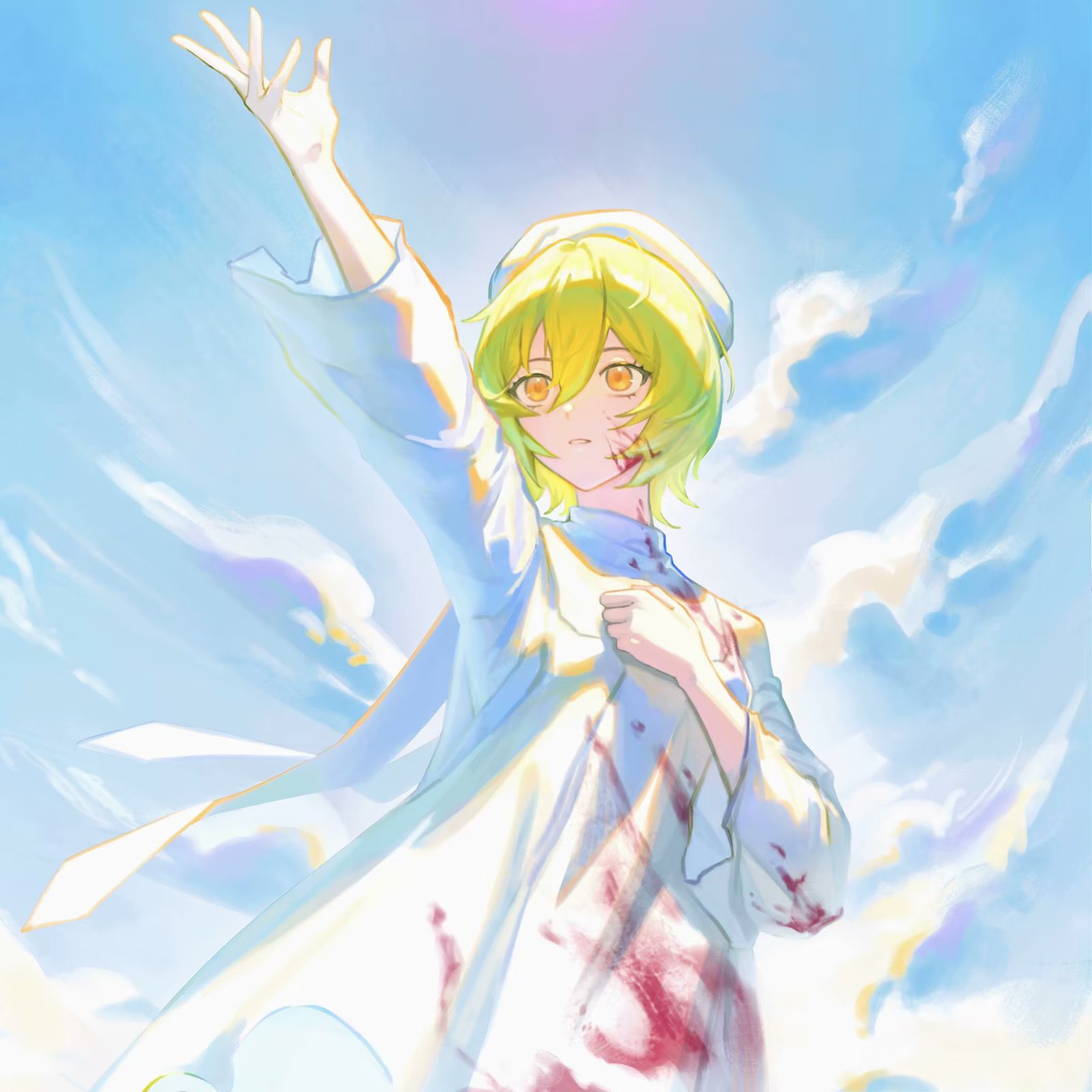 1girl, arm_up, beret, blonde_hair, blood, blood_on_clothes, blood_on_face, blue_sky