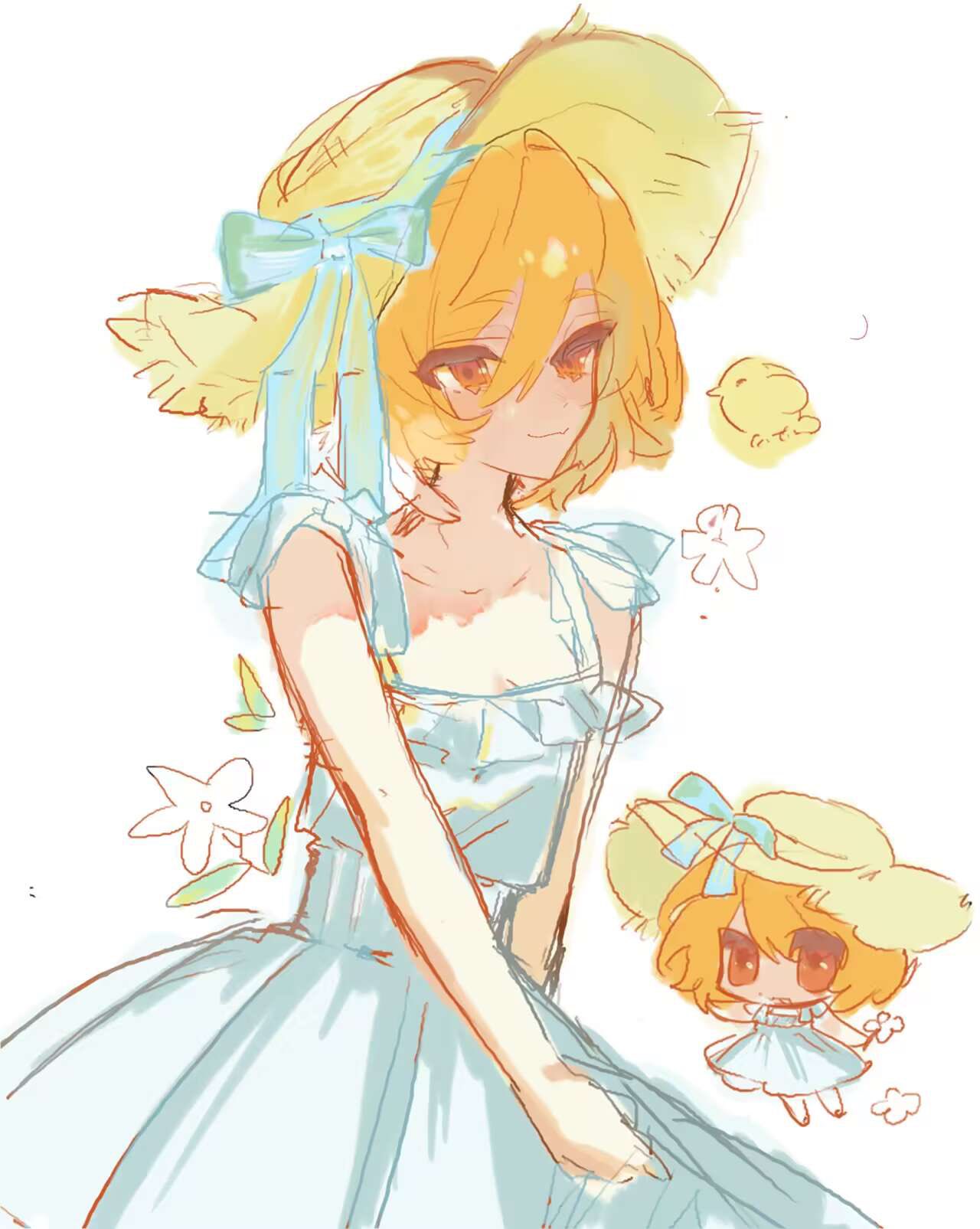 1girl, :3, bare_arms, bird, blonde_hair, blue_bow, bow, chibi