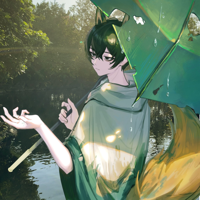 1boy, animal_ears, black_eyes, black_hair, closed_mouth, coat, e.g.o_(project_moon), forest