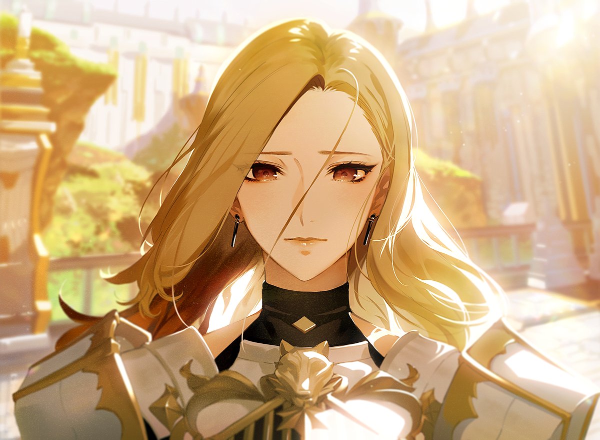 1girl, akiyoshi_haru, armor, blonde_hair, breasts, brown_eyes, close-up, day