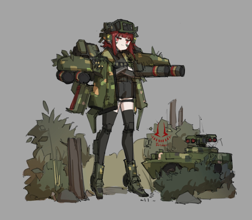 aft09, bush, camouflage, facepaint, frider, grey_background, highres, mecha_musume