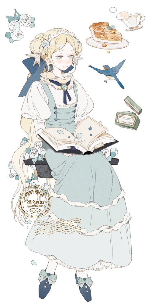 1girl, bird, blonde_hair, blue_bow, blue_dress, blue_eyes, blue_flower, blue_footwear, blue_gemstone, blue_neckerchief, blue_rose, bluebird, book, bow, buttons, chinese_commentary, closed_mouth, commentary_request, crumbs, cup, dated, dress, eyelashes, flower, food, footwear_bow, full_body, gem, hair_bow, hair_flower, hair_ornament, holding, holding_book, ink, juliet_sleeves, lace-trimmed_dress, lace_trim, leaf, lid, light_blush, long_dress, long_hair, long_sleeves, looking_at_animal, multiple_hair_buns, neckerchief, open_book, original, pantyhose, petals, pie, plate, puffy_sleeves, rose, scarf, shirt, shoes, sitting, sleeveless, sleeveless_dress, smile, solo, stamp_mark, steam, tea, teacup, very_long_hair, wangububiandelaogong, white_background, white_flower, white_headdress, white_pantyhose, white_rose, white_scarf, white_shirt, windowsill