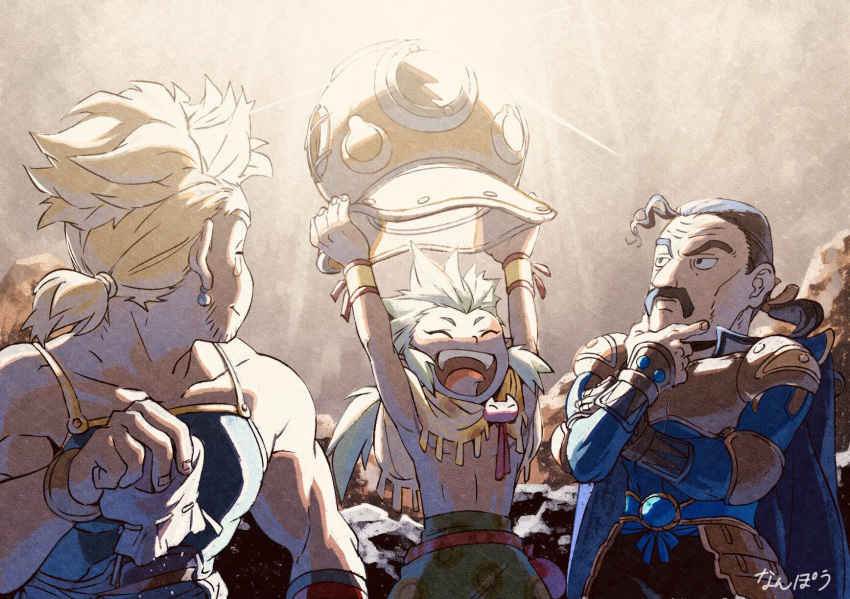 3boys, armor, blonde_hair, cyan_garamonde, earrings, facial_hair, final_fantasy, final_fantasy_vi