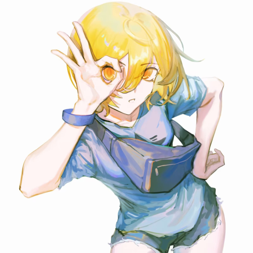 1girl, blonde_hair, blue_shirt, blue_shorts, bracelet, cowboy_shot, don_quixote_(limbus_company), highres, jewelry, limbus_company, liyln02617464, looking_at_viewer, ok_sign, ok_sign_over_eye, parted_lips, project_moon, shirt, short_hair, short_sleeves, shorts, simple_background, solo, white_background, yellow_eyes