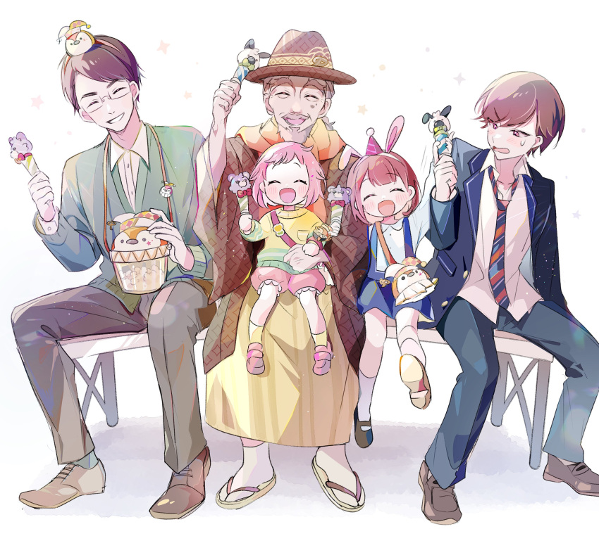 2girls, 3boys, absurdres, aged_down, beard, bench, blue_jacket, blue_pants, brother_and_sister, brothers, brown_coat, brown_footwear, brown_headwear, child, closed_eyes, coat, diagonal-striped_necktie, facial_hair, family, glowstick, grandfather_and_granddaughter, grey_hair, hairband, haori, happy, hat, highres, jacket, japanese_clothes, kamiyama_high_school_uniform_(project_sekai), kimono, long_sleeves, momomo_(m0_3), multiple_boys, multiple_girls, old, old_man, ootori_emu, ootori_hinata, ootori_keisuke_(project_sekai), ootori_rakunosuke, ootori_shousuke, open_mouth, orange_scarf, pants, penlight_(glowstick), phenny_(project_sekai), pink_hair, project_sekai, scarf, school_uniform, shoes, short_hair, siblings, simple_background, sisters, sitting, sitting_on_lap, sitting_on_person, smile, white_background, wide_sleeves, yellow_kimono