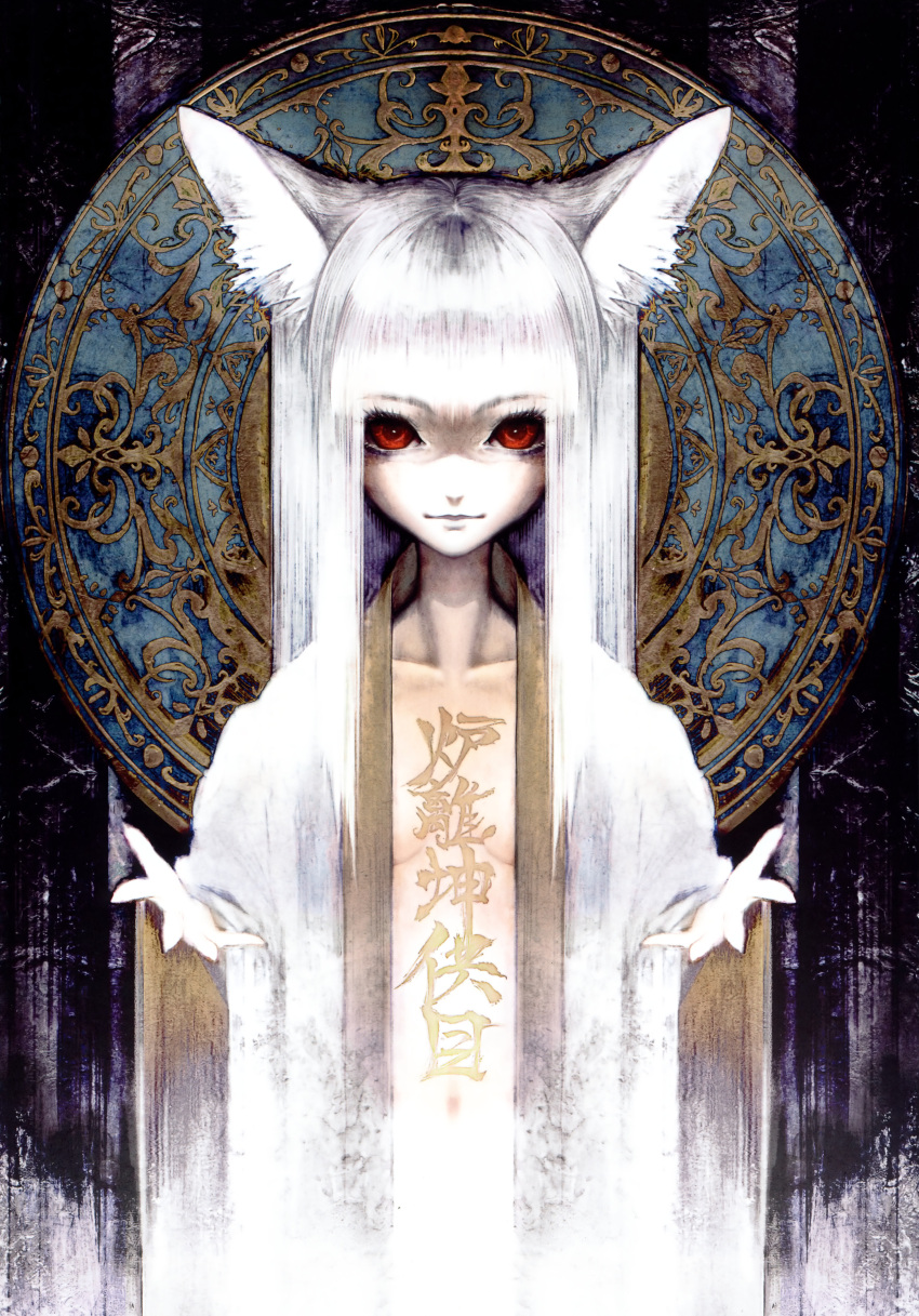 albino, animal_ears, banpai_akira, breast, collarbone, fox_ears, highres, japanese_clothes