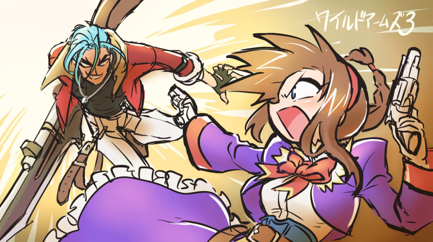 1boy, 1girl, belt, blue_eyes, blue_hair, braid, breasts, brown_hair