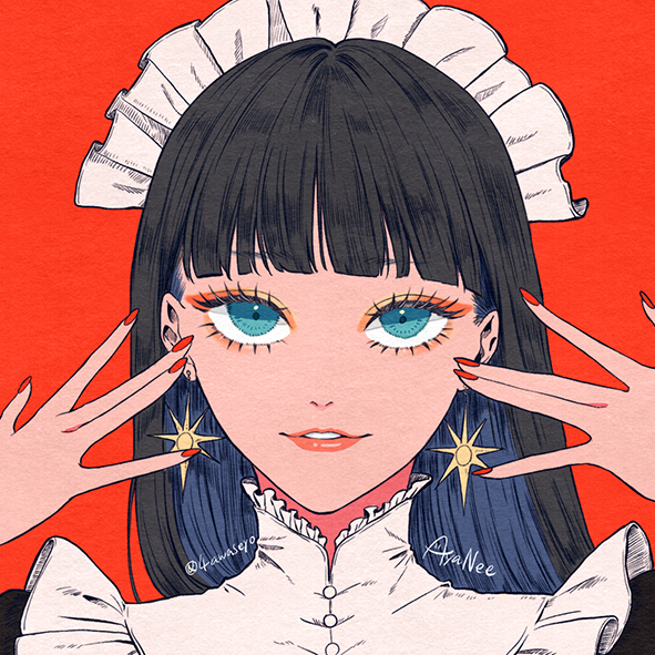 1girl, 4awaseyo, aqua_eyes, black_hair, blunt_bangs, earrings, eyeshadow, hands_up, jewelry, long_hair, maid, maid_headdress, makeup, original, parted_lips, portrait, red_background, red_nails, signature, simple_background, smile, solo
