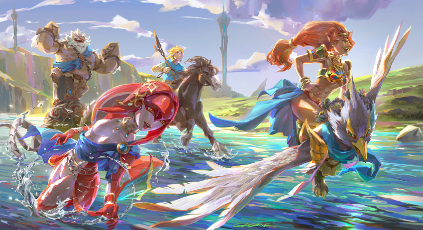 2girls, 3boys, beak, bird, bird_wings, bug, champion's_tunic_(zelda), clouds