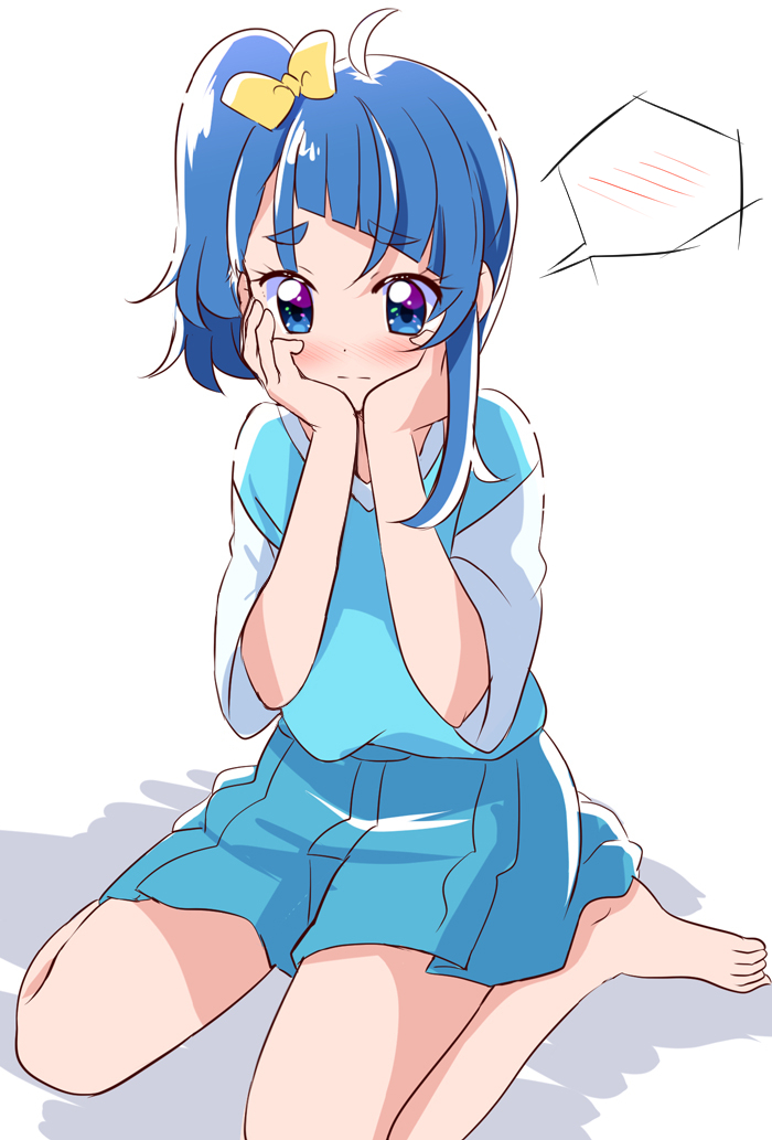 1girl, ahoge, aqua_t-shirt, barefoot, blue_eyes, blue_hair, blue_skirt, blue_t-shirt