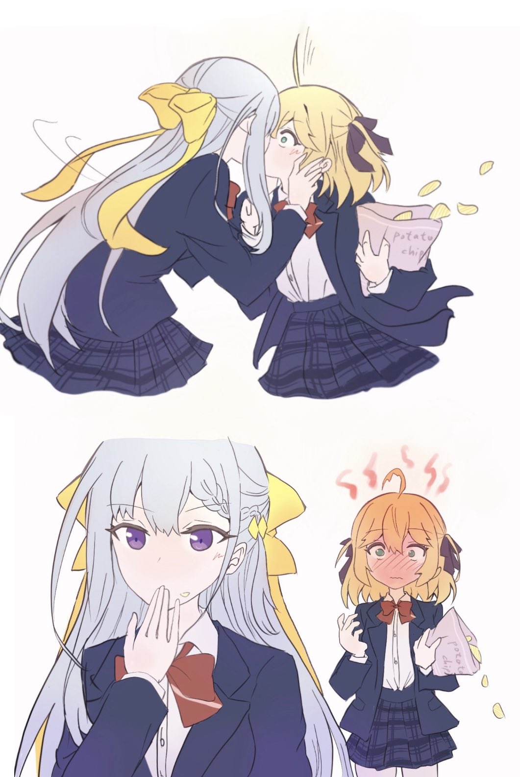 !?, 2girls, ahoge, anisphia_wynn_palettia, black_jacket, black_ribbon, black_skirt, blonde_hair, blush, bow, bowtie, chips_(food), euphyllia_magenta, food, food_on_face, green_eyes, grey_hair, hair_ribbon, highres, holding, holding_food, jacket, kiss, long_hair, medium_hair, multiple_girls, plaid, plaid_skirt, pleated_skirt, potato_chips, qqwan120, red_bow, red_bowtie, ribbon, school_uniform, simple_background, skirt, surprised, tensei_oujo_to_tensai_reijou_no_mahou_kakumei, white_background, yellow_ribbon, yuri