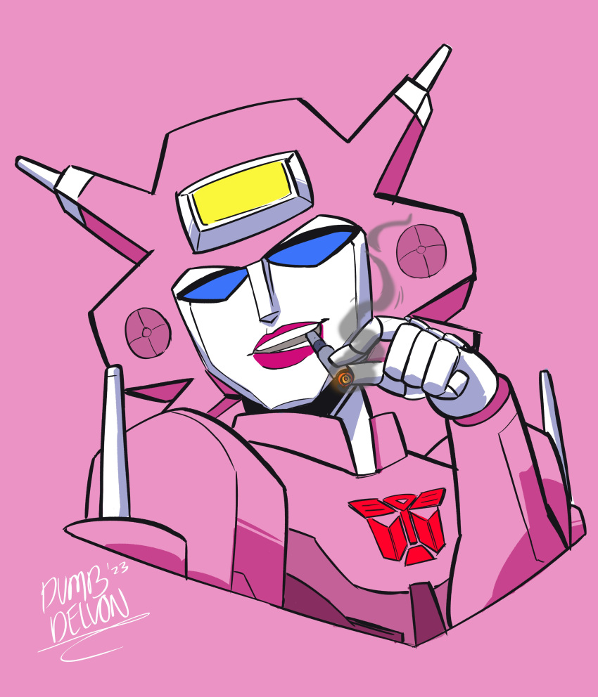 1girl, absurdres, autobot, blue_eyes, cigar, cigarette, colored_skin, dumbdelvon, elita_one, helmet, highres, humanoid_robot, looking_at_viewer, mechanical_parts, pink_background, pink_lips, robot, smoking, solo, transformers, upper_body, white_skin