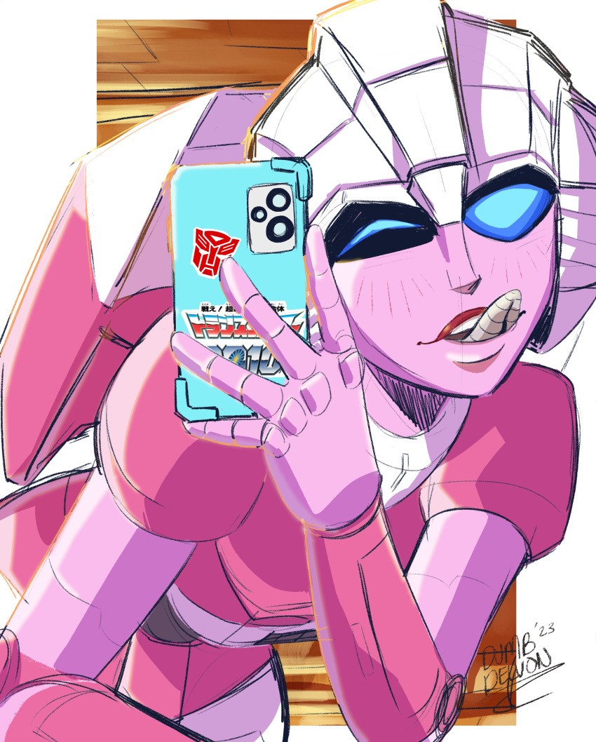 1girl, absurdres, arcee, autobot, backpack, bag, blue_eyes, cellphone