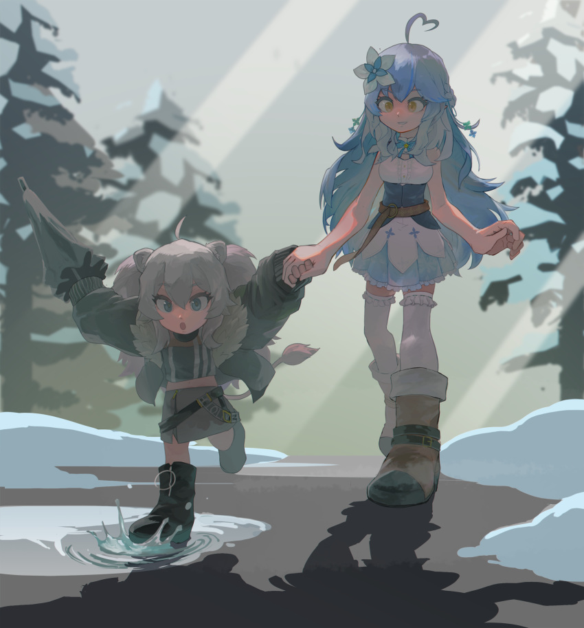2girls, absurdres, aged_down, ahoge, airplane_arms, animal_ears, black_footwear, black_jacket