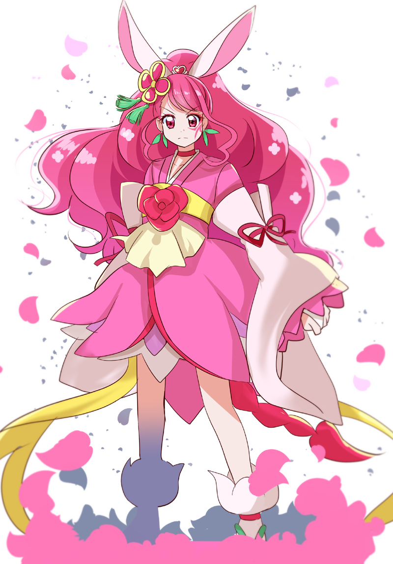 1girl, animal_ears, back_bow, bow, choker, clenched_hand, closed_mouth, commentary_request, cure_grace, cure_grace_(partner_form), dress, earrings, flower, frown, full_body, gloves, hair_flower, hair_ornament, hanadera_nodoka, healin'_good_precure, healin'_good_precure:_yume_no_machi_de_kyun!_tto_gogo!_daihenshin!!, huge_bow, japanese_clothes, jewelry, kimono, kimono_dress, leaf_earrings, long_hair, looking_at_viewer, loose_socks, magical_girl, medium_dress, mitumi_mira, obi, partial_commentary, petals, pink_eyes, pink_flower, pink_hair, pink_kimono, precure, rabbit_ears, red_choker, sash, socks, solo, standing, swept_bangs, tiara, very_long_hair, white_background, white_bow, white_gloves, white_socks, wide_sleeves