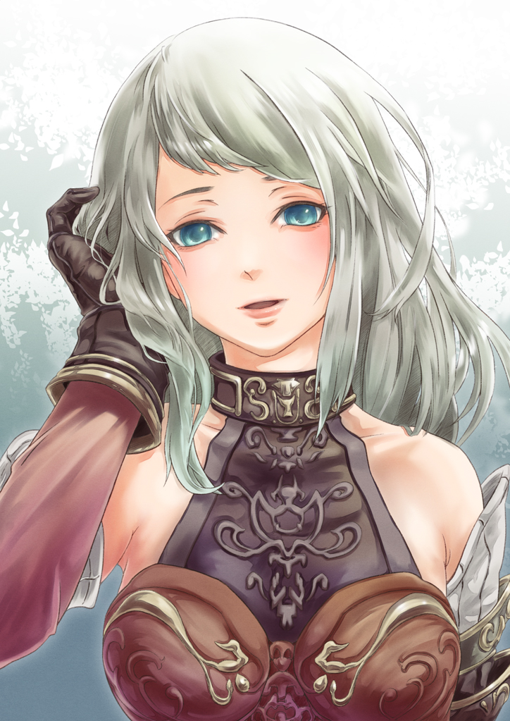 1girl, adjusting_hair, arciela_v_adoulin, bare_shoulders, black_gloves, blue_eyes, breasts, detached_sleeves
