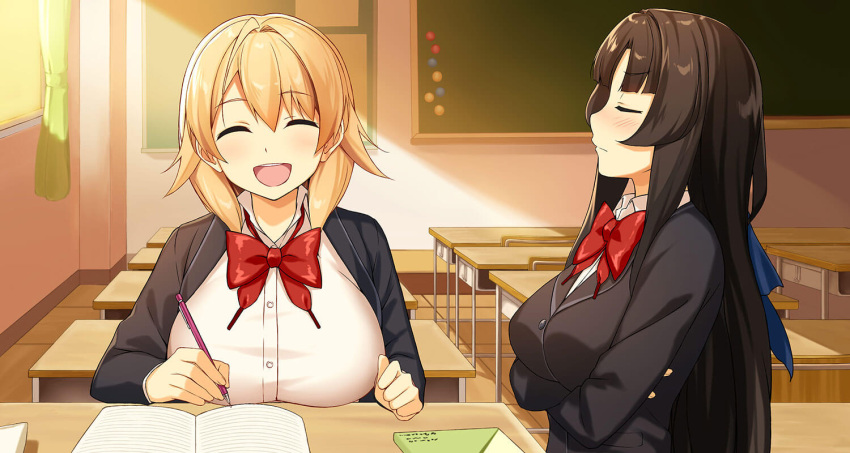 2girls, black_hair, blonde_hair, breast_rest, breasts, breasts_on_table, chalkboard, classroom