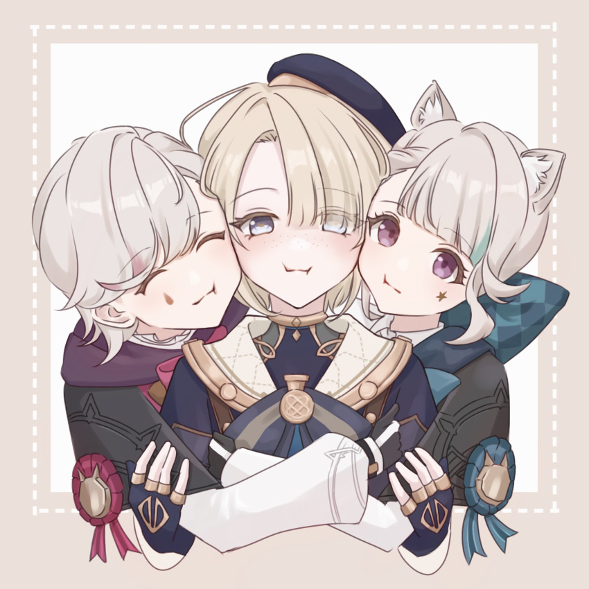 1girl, 2boys, :i, :t, ^_^, animal_ear_fluff, animal_ears, aqua_bow
