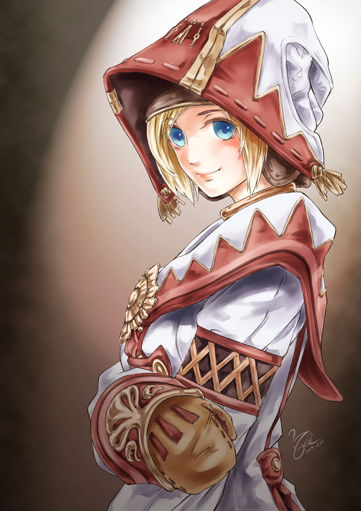 1girl, 2019, adventurer_(ff11), artist_name, blonde_hair, blue_eyes, brown_mittens, closed_mouth