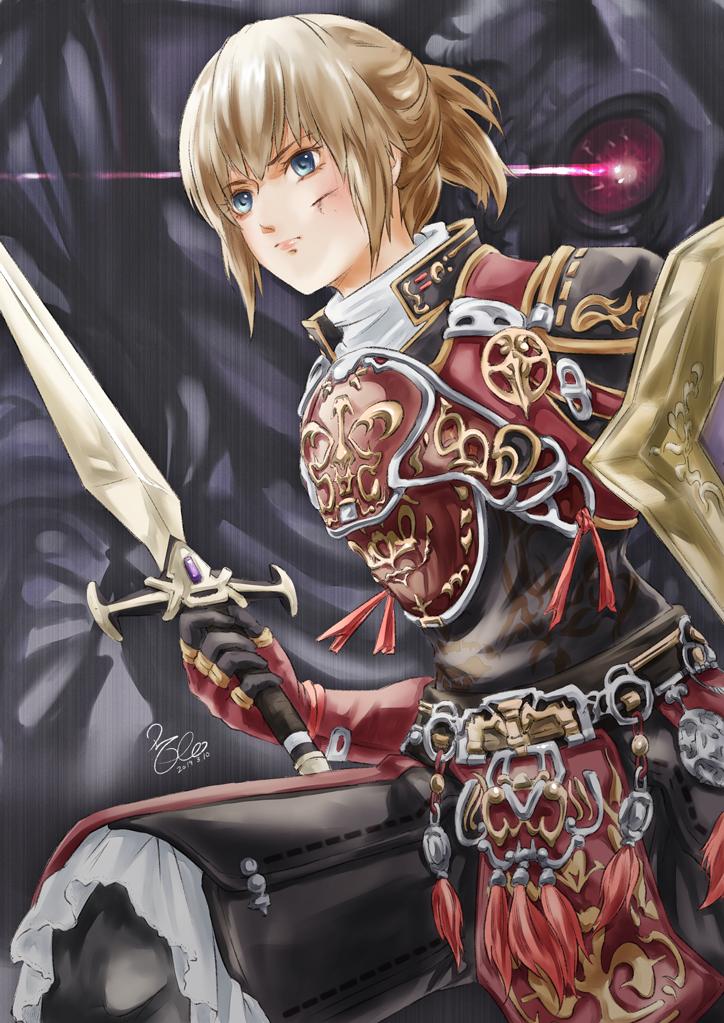 1girl, 2019, adventurer_(ff11), armor, artist_name, breastplate, closed_mouth, commentary_request