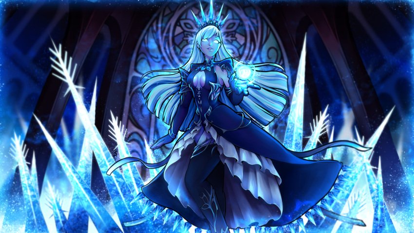 1girl, absurdres, armor, breasts, cathedral, cleavage_cutout, clothing_cutout, colored_skin, crown, elbow_gloves, energy, energy_ball, final_fantasy, final_fantasy_xiv, floating, gloves, glowing, glowing_eyes, highres, ice, lips, long_hair, long_skirt, looking_at_viewer, medium_breasts, outstretched_arm, palace, pleated_skirt, rachel_kong, ryne_waters, shiva_(final_fantasy), shoulder_armor, skirt, solo, stained_glass, thigh-highs