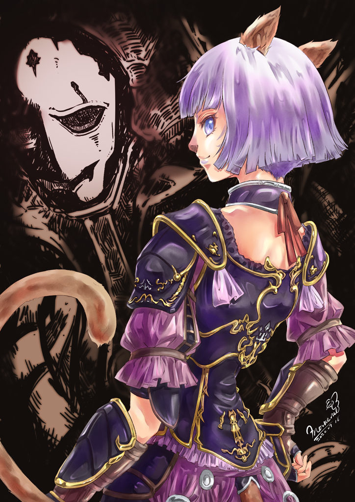 1girl, 2020, adventurer_(ff11), animal_ears, artist_name, blue_eyes, blunt_bangs, brown_tail