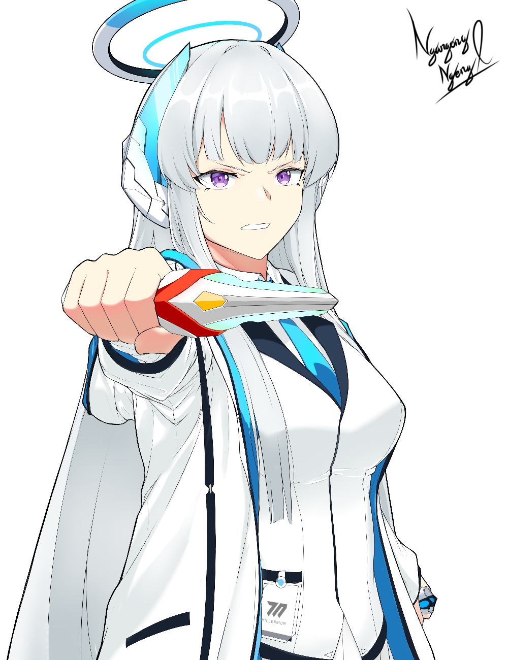 1girl, angry, badge, blue_archive, blue_necktie, blunt_bangs, coat, crossover, evoltruster, halo, headgear, highres, holding, jacket, looking_at_viewer, name_connection, necktie, noa_(blue_archive), open_clothes, open_coat, shirt, signature, simple_background, ultra_series, ultraman_nexus_(series), violet_eyes, white_background, white_coat, white_hair, white_jacket, white_shirt
