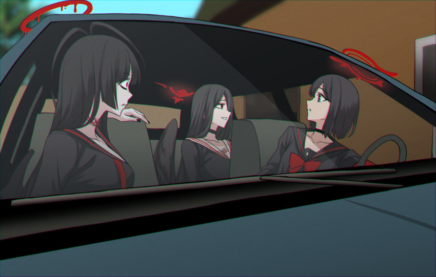 3girls, antenna_hair, black_choker, black_hair, black_serafuku, black_wings, blue_archive, bow