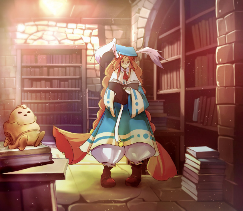 1girl, animal_ears, big_hair, blue_robe, book, braid, breath_of_fire, breath_of_fire_iii