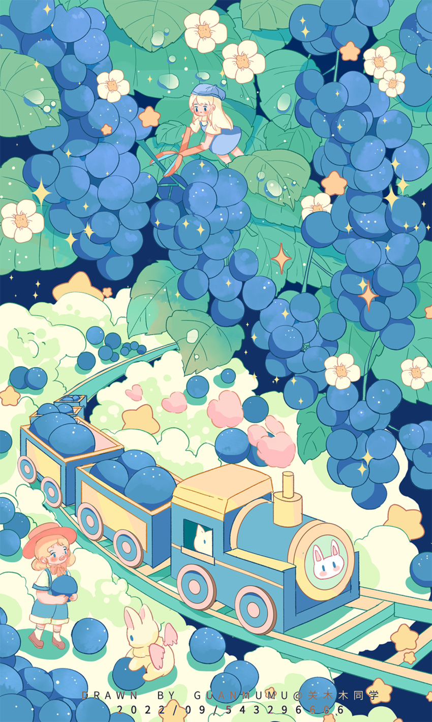 2girls, angel_wings, animal_print, artist_name, beret, blonde_hair, blue_dress, blue_eyes, blue_headwear, blue_pants, bow, bowtie, brown_footwear, closed_mouth, clouds, dated, dew_drop, double_bun, dress, flower, food, frown, fruit, grapes, guanmumu, hair_bun, hat, highres, holding, holding_scissors, kneehighs, light_blush, long_hair, multiple_girls, open_mouth, orange_headwear, original, oversized_object, pants, pink_wings, rabbit, rabbit_print, railroad_tracks, red_bow, red_bowtie, scissors, shadow, shirt, shoes, short_dress, short_sleeves, sleeveless, sleeveless_dress, smile, socks, sparkle, star_(symbol), sun_hat, suspenders, teeth, train, upper_teeth_only, water_drop, watermark, white_flower, white_shirt, white_socks, wings