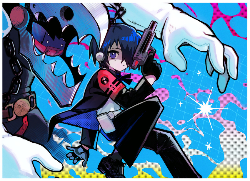 1boy, absurdres, armband, black_gloves, black_jacket, blue_eyes, blue_hair, evoker