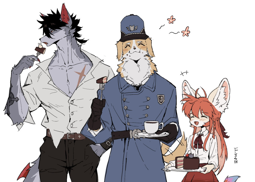1girl, 2boys, animal_ear_fluff, animal_ears, arm_tattoo, black_gloves, black_hair, black_pants