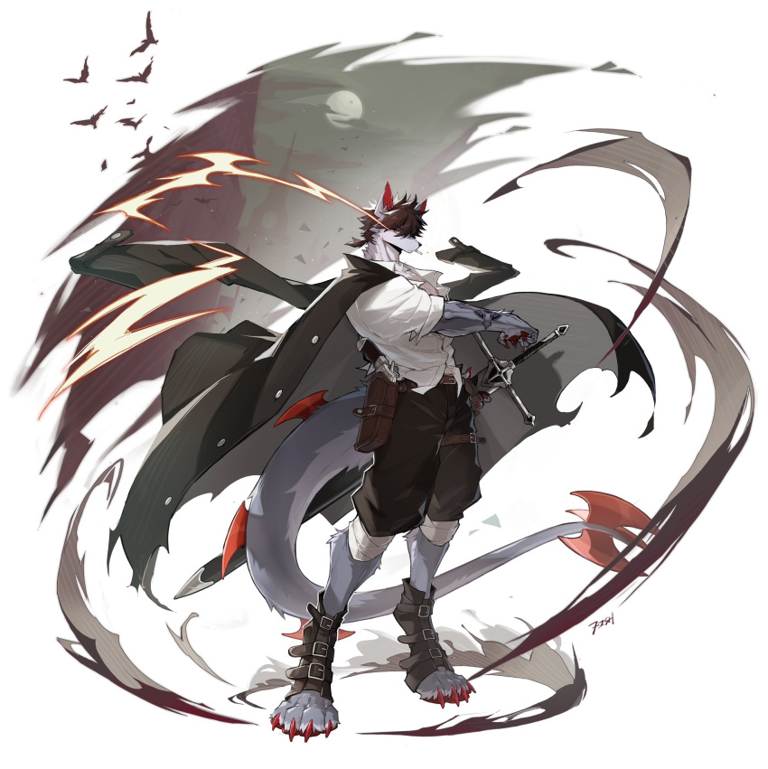 1boy, animal_ears, animal_feet, animal_hands, arm_tattoo, artist_name, bird, black_jacket