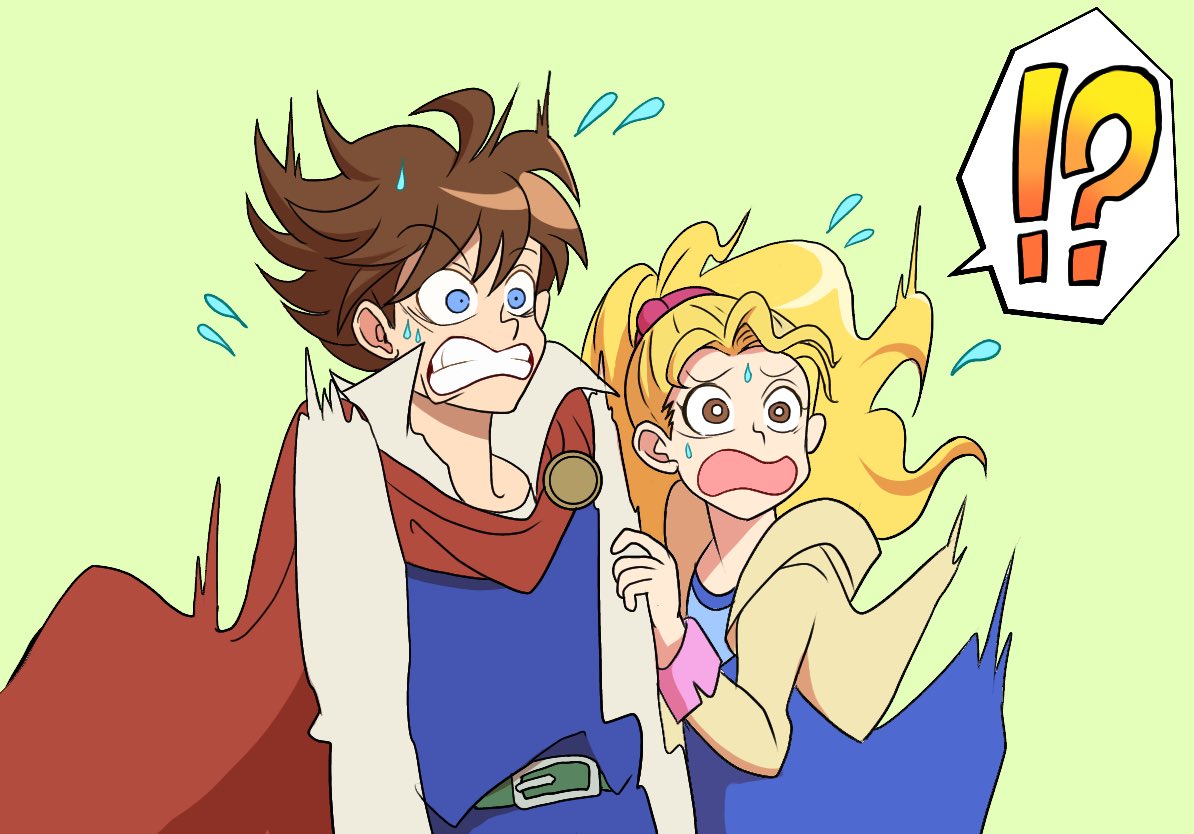 !?, 1boy, 1girl, bartz_klauser, belt, blonde_hair, blue_dress, blue_eyes, brown_hair, cape, dress, final_fantasy, final_fantasy_v, flying_sweatdrops, krile_mayer_baldesion_(ff5), long_hair, open_mouth, ponytail, red_cape, sa_kichi, short_hair, simple_background, toon_(style)