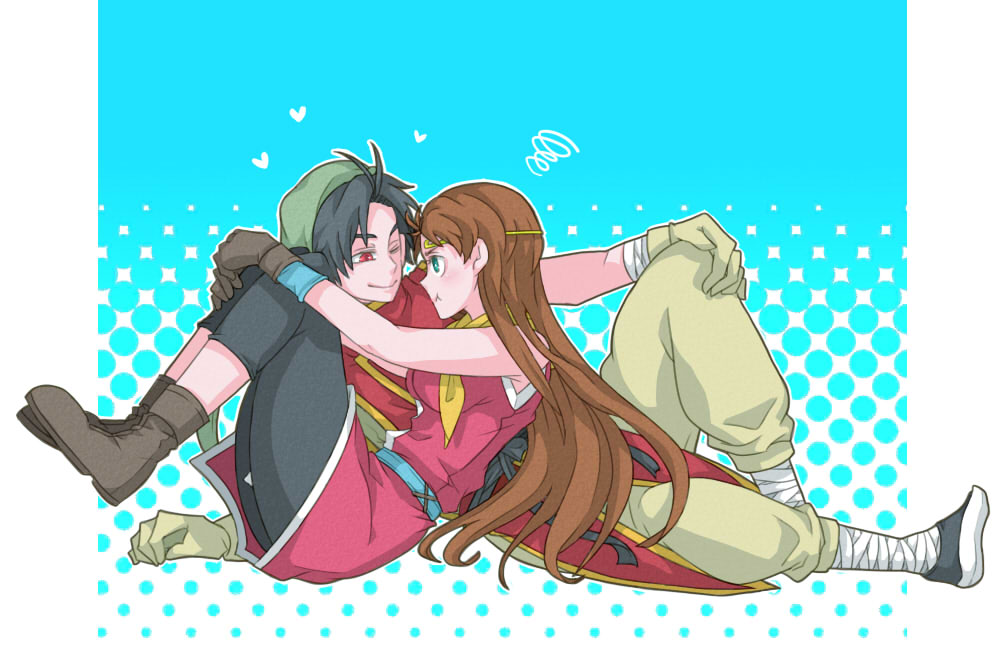 1boy, 1girl, bandana, black_hair, breasts, brown_eyes, brown_hair, circlet, closed_mouth, genderswap, genderswap_(mtf), gensou_suikoden, gensou_suikoden_ii, gloves, long_hair, one_eye_closed, riou_(suikoden), smile, suzuco, tir_mcdohl