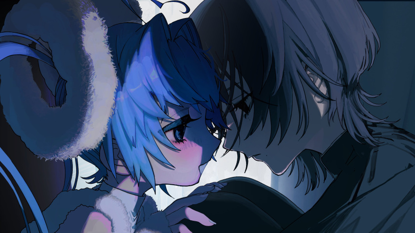 1girl, 1other, absurdres, ahoge, androgynous, black_hair, black_shirt, blank_stare