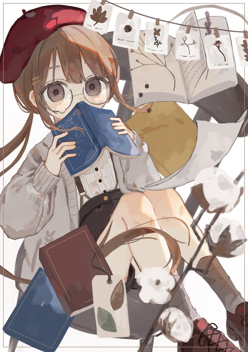 1girl, absurdres, beret, book, branch, brown_eyes, brown_hair, brown_overalls